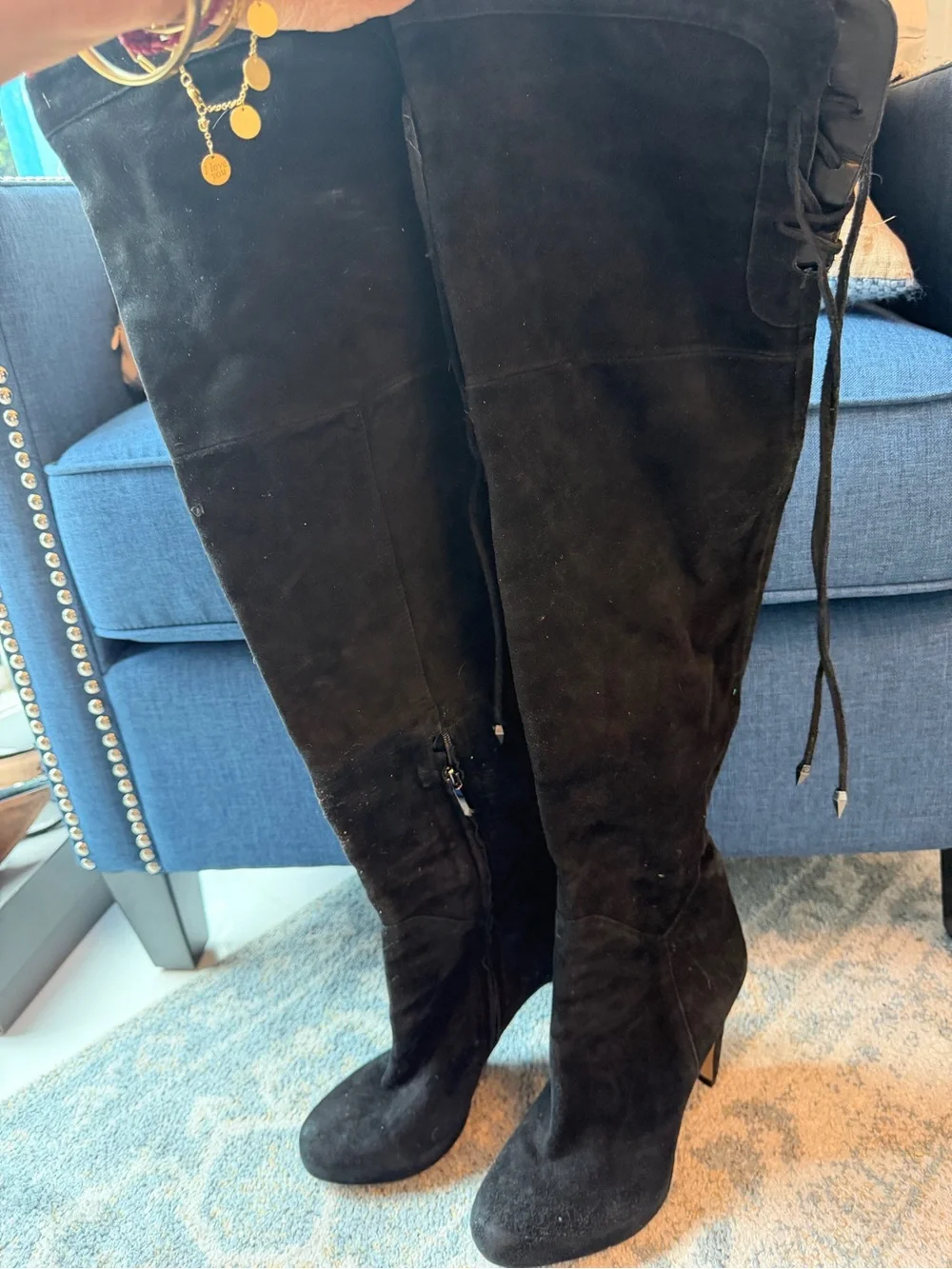 Sam Edelman Black Suede Over-the-Knee Lace-Up Heel Boots